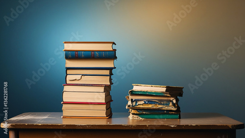 Unequal Stacks of Books on a Worn School Desk, Representing Educational Disparity and the Struggles of Underprivileged Students