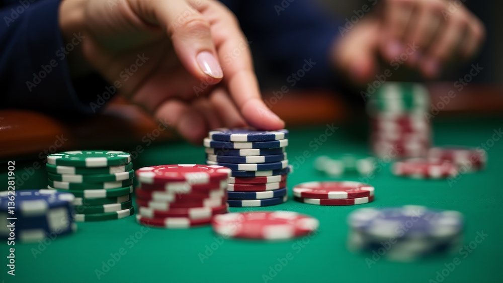 Hand Stacking Poker Chips on Table Hand Stacking Poker Chips on Table