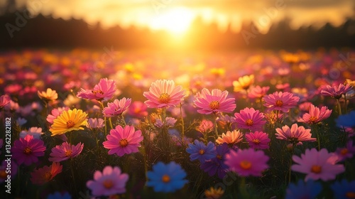 Vibrant cosmos flowers bathed in golden sunset light