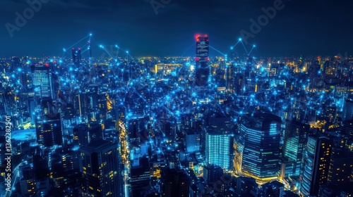 Night city skyline interconnected with glowing lines, aerial view, futuristic