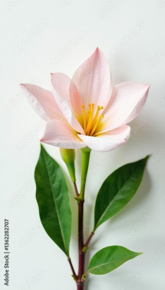 Fototapeta premium Delicate flower petals unfolding on a crisp white surface, botanical, green, plant