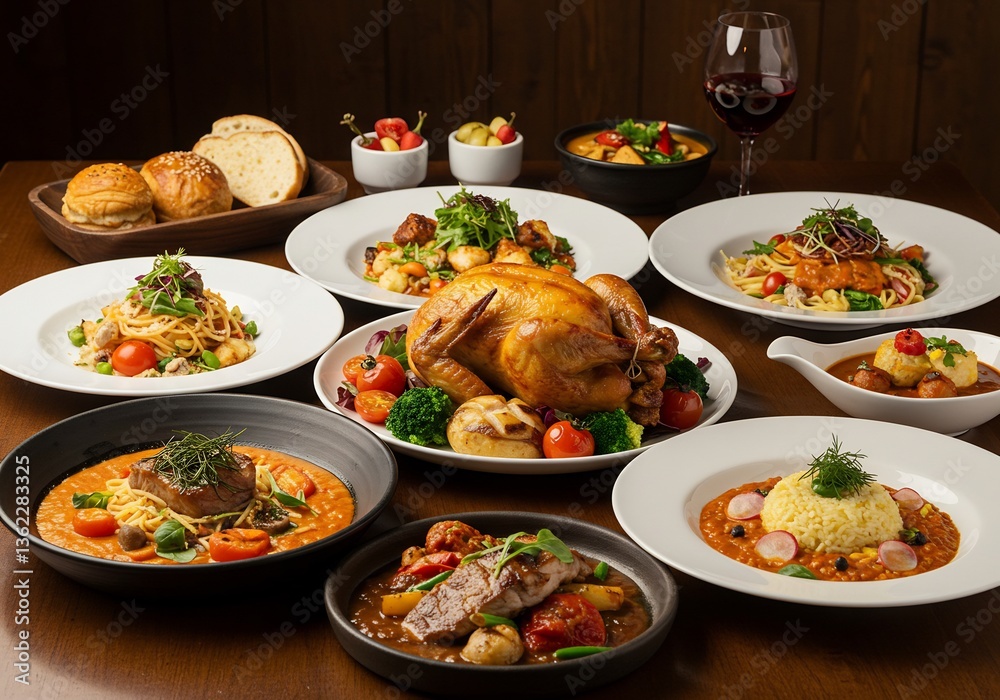 Warm lighting illuminates a lavish feast multiple dishes rich colors. AI Generated Warm lighting illuminates a lavish feast multiple dishes rich colors. AI Generated