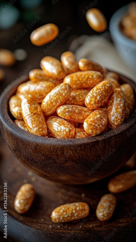 Fototapeta premium Amber-colored oblong capsules in a wooden bowl