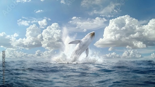 Spectacular whale breach amid ocean waves under a dramatic cloudy sky, showcasing nature's grandeur.