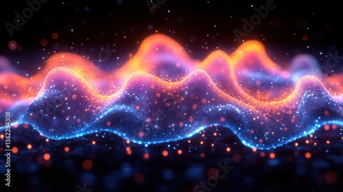 Abstract wave of glowing particles, vibrant orange and blue hues