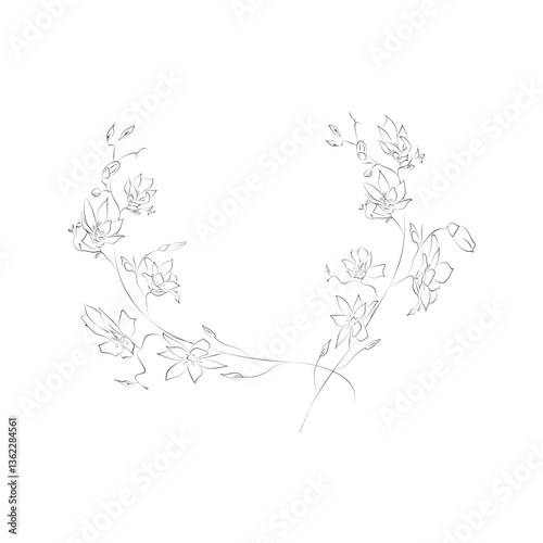 Line Drawing Botanical Wreath. Herbs and florals 16. Vector Illustration.