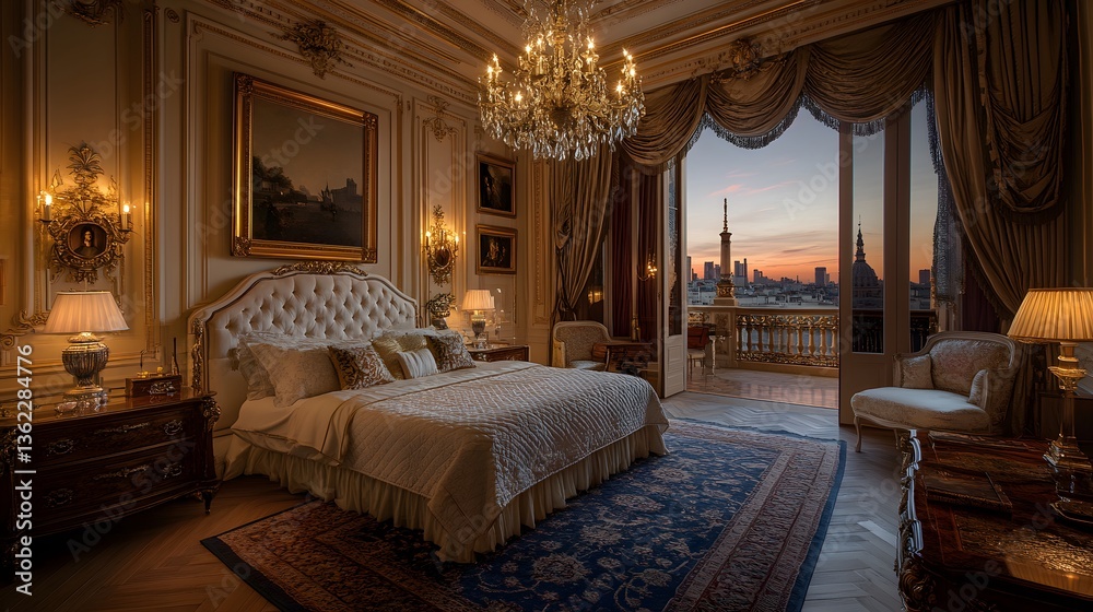 Obraz premium Elegant European bedroom showcases ornate moldings, silk drapery, antique wooden furniture, crystal chandelier, velvet upholstery, herringbone parquet, marble fireplace, Egyptian cotton bedding
