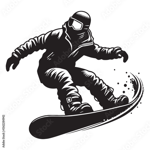 Adrenaline Junkie Snowboarder silhouette, mid-air grab in full motion - Snowboarder illustration - Minimalist Snowboarder vector - Gravity-defying action

