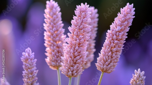Close-up of delicate, pale pink flower spikes against a blurred purple background