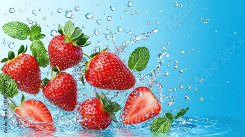 Fresh strawberries splashing in water, surrounded by mint leaves, creating a vibrant and refreshing visual against a blue background.