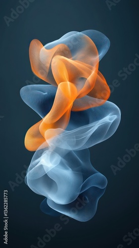 Abstract swirling forms, translucent, orange and blue hues against dark background