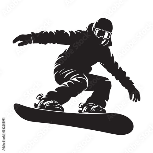 Professional Snowboarder silhouette, mastering the halfpipe - Snowboarder illustration - Minimalist Snowboarder vector - High-speed action

