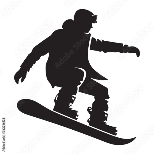 High-Flying Snowboarder silhouette, mid-air stunt in motion - Snowboarder illustration - Minimalist Snowboarder vector - Adrenaline rush

