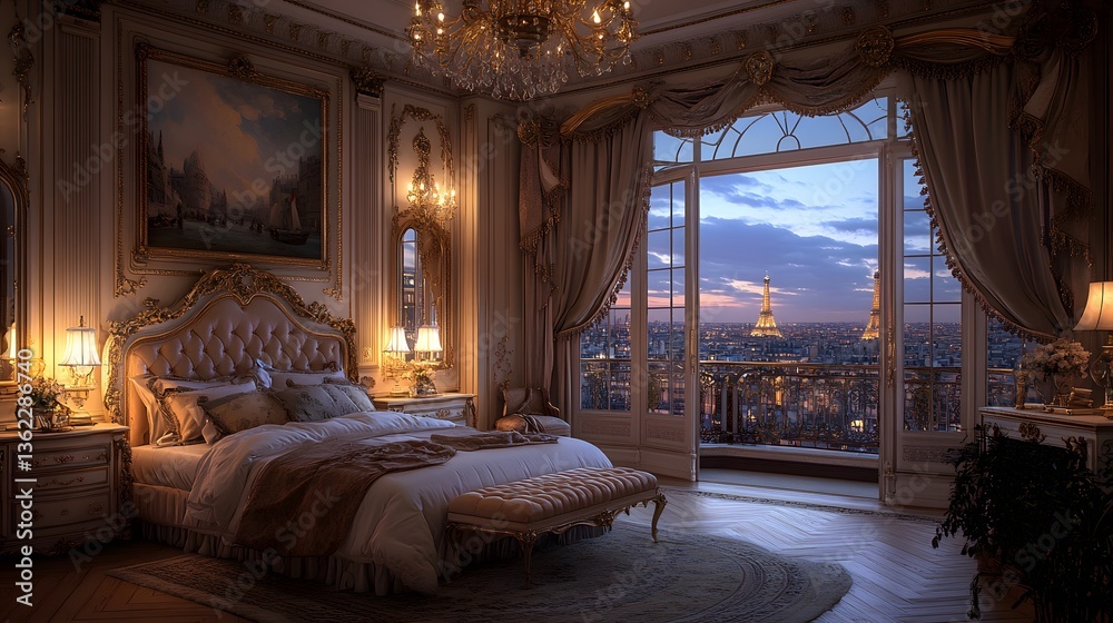 Obraz premium Elegant European bedroom showcases ornate moldings, silk drapery, antique wooden furniture, crystal chandelier, velvet upholstery, herringbone parquet, marble fireplace, Egyptian cotton bedding
