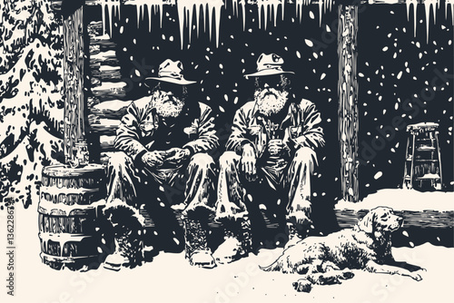 Black and white vector illustration depicting two American trappers resting outside their log cabin in winter. Snow-covered scene shows traditional frontier life with hunters 
