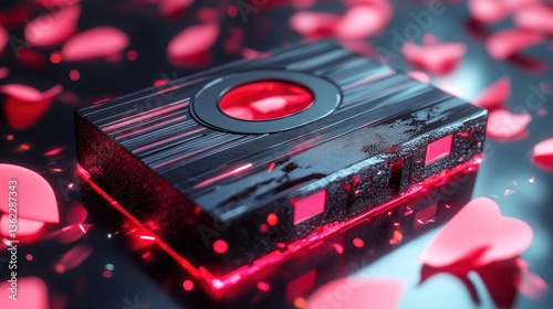 Futuristic cassette tape surrounded by pink petals, reflecting light