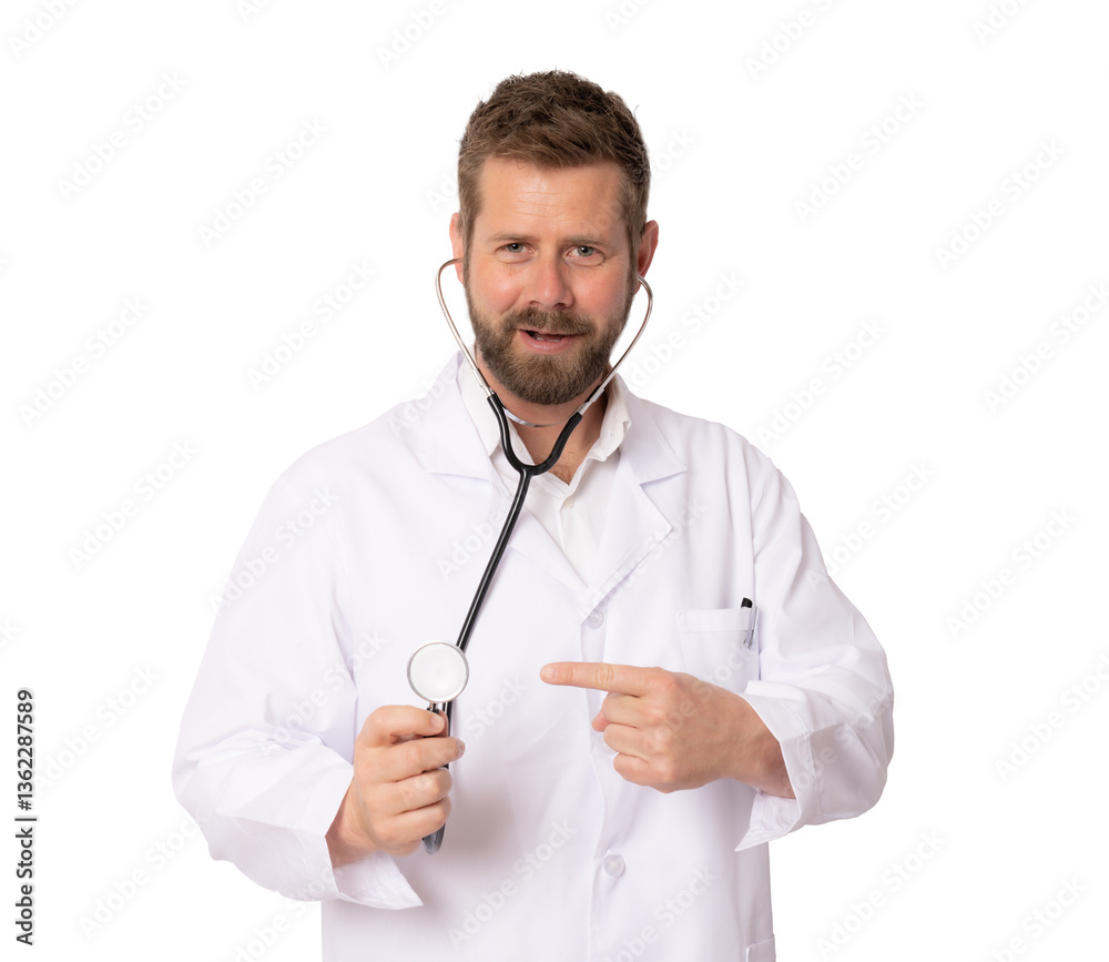 Laughing funny young bearded doctor man wearing white medical gown standing hold stethoscope isolated on transparent background. Medicine concept. PNG transparent Laughing funny young bearded doctor man wearing white medical gown standing hold stethoscope isolated on transparent background. Medicine concept. PNG transparent