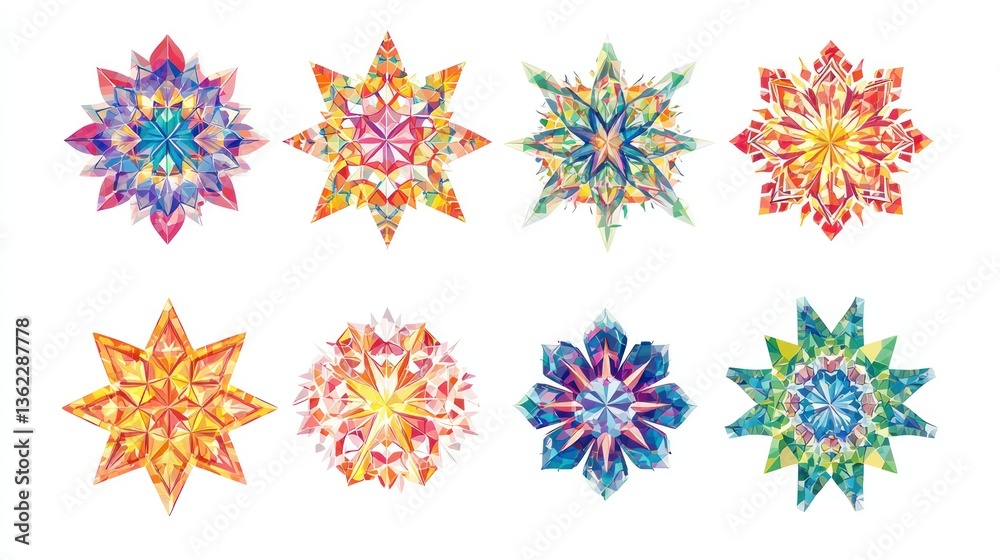 Colorful cosmic star patterns, element set on white background Colorful cosmic star patterns, element set on white background