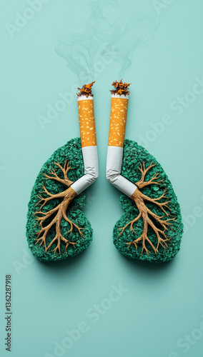 Cigarettes shaped like lungs with smoke rising, symbolizing impact of smoking health. This creative representation highlights dangers of tobacco