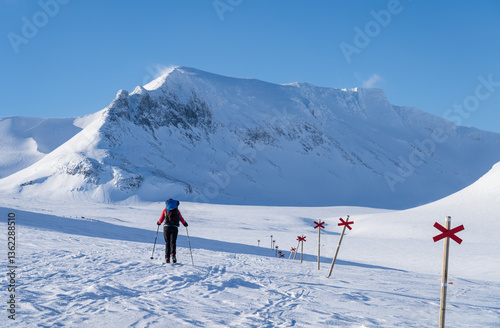 Obraz na płótnie Woman cross-country skiing toward mountain Templet, in the Sylarna mountain range. Sweden. w salonie