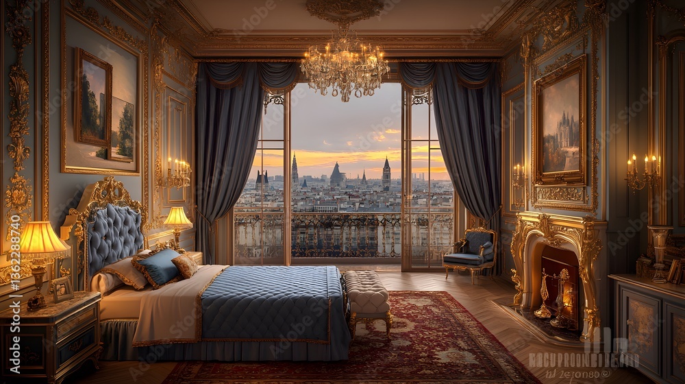 Fototapeta premium Elegant European bedroom showcases ornate moldings, silk drapery, antique wooden furniture, crystal chandelier, velvet upholstery, herringbone parquet, marble fireplace, Egyptian cotton bedding