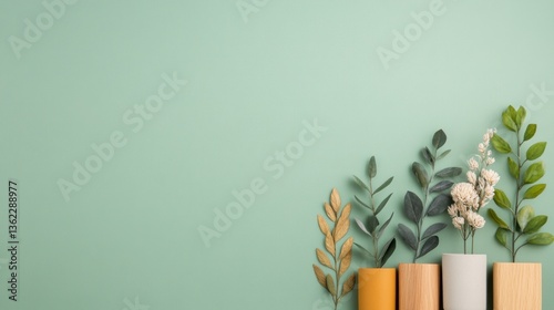 Minimalist arrangement of plants in small pots on pastel green background