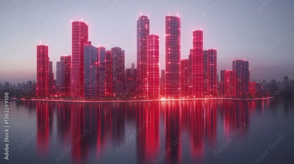 Naklejka premium Glowing red city skyline reflected in calm water at dawn or dusk