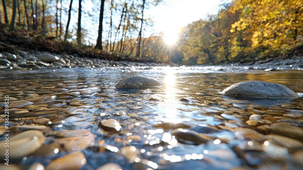 Fototapeta premium Tranquil riverbed with smooth stones under soft sunlight, surrounded by vibrant autumn foliage.