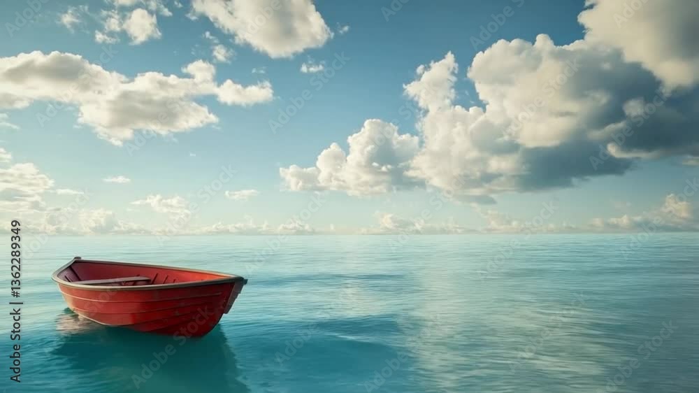 A red boat is floating in the ocean. The sky is cloudy and the water is calm. smooth repeating motion for background video animation A red boat is floating in the ocean. The sky is cloudy and the water is calm. smooth repeating motion for background video animation