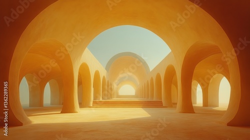 Sunlit, arched hallway;  smooth, golden surfaces.  Perspective creates depth