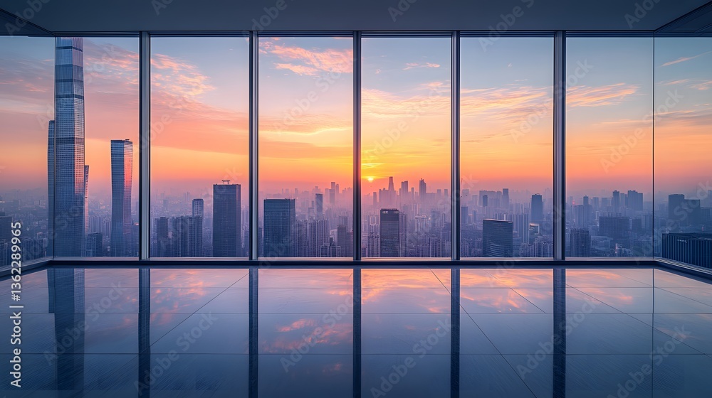 Fototapeta premium Floor-to-ceiling windows reveal panoramic city skyline at dawn, golden sunlight illuminating skyscrapers, modern penthouse with polished dark floor reflecting misty tall buildings in ambiance.
