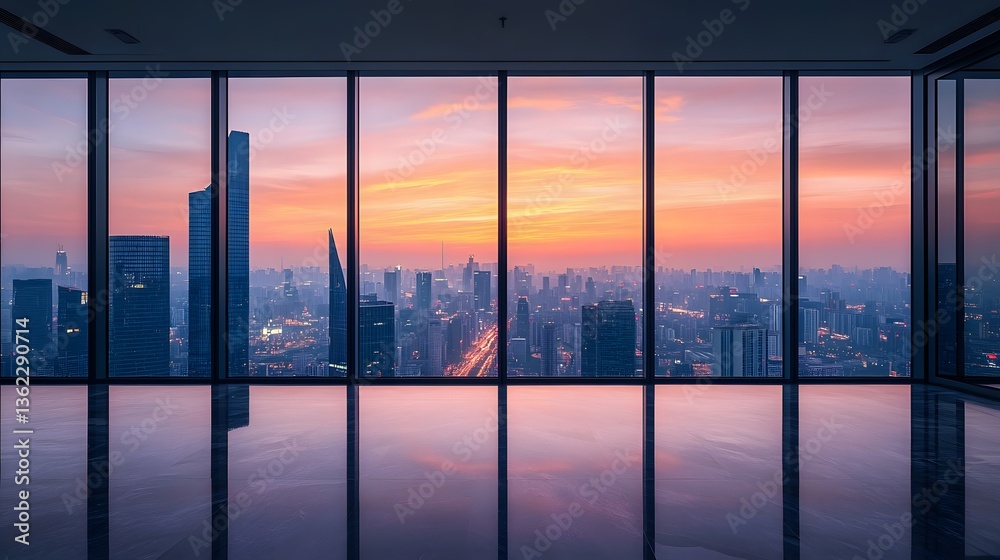 Fototapeta premium Floor-to-ceiling windows reveal panoramic city skyline at dawn, golden sunlight illuminating skyscrapers, modern penthouse with polished dark floor reflecting misty tall buildings in ambiance.