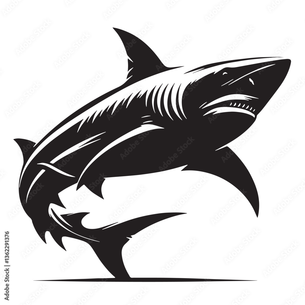 Obraz premium Black Color Shark Silhouette Vector Illustration, Solid White Background