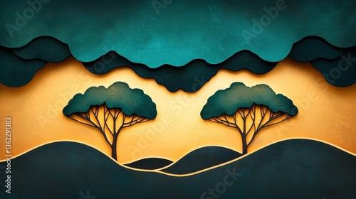A stylized landscape featuring two trees against a vibrant backdrop of layered clouds and rolling hills in shades of teal and gold.
