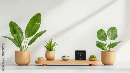 Minimalist home decor featuring potted plants and a digital display on a wooden shelf against a white wall