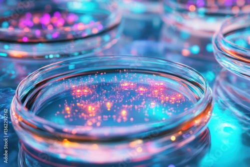 Futuristic Hematopoietic Stem Cell Research with Glowing Cells in Petri Dish photo