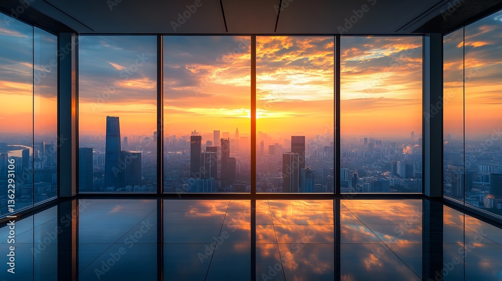 Fototapeta premium Floor-to-ceiling windows reveal panoramic city skyline at dawn, golden sunlight illuminating skyscrapers, modern penthouse with polished dark floor reflecting misty tall buildings in ambiance.
