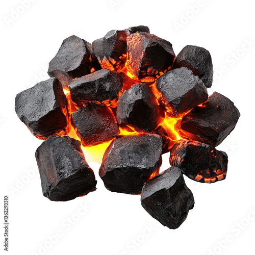 Burning charcoal pile glows against transparent background; for grilling, energy use