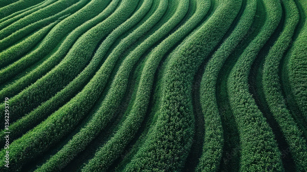 Fototapeta premium Lush green terraced fields, a captivating aerial view of agricultural landscape. Rows of vibrant green foliage, meticulously arranged in a repeating pattern. Natural beauty, peaceful scene