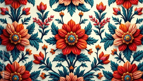 Intricate floral damask textile, repeating design, decoration, design