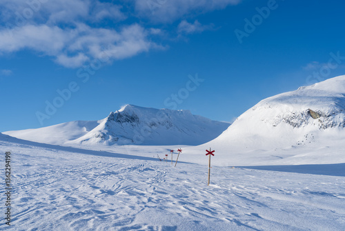 Marked trail for cross-country skiing toward mountain Templet, in the Sylarna mountain range. Sweden.