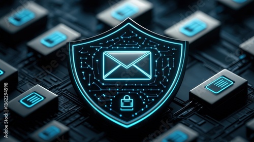 Wallpaper Mural A digital shield symbolizing email security against cyber threats, featuring a lock and circuitry on a dark background with glowing blue accents. Torontodigital.ca