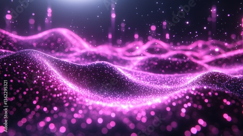 Abstract purple particle wave background. Glowing, dynamic texture