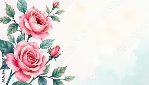 Delicate watercolor roses & leaves, romantic pastel palette, fabric, design