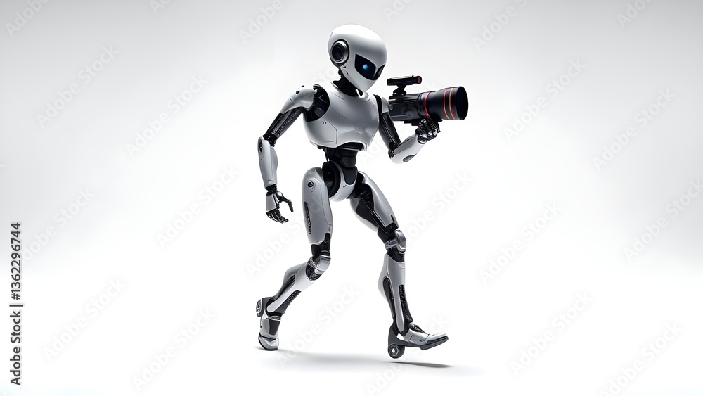 A humanoid robot walks with a camera in its hands. Created with Generative AI technology A humanoid robot walks with a camera in its hands. Created with Generative AI technology
