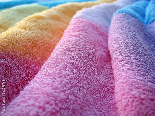 Close-up of colorful soft terrycloth towels in layered rows, with vibrant hues