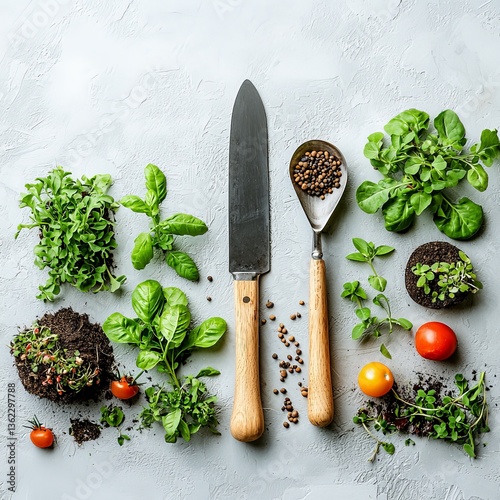 Obraz na płótnie Gardening kit with soil tools seeds and vegetables creatively arranged in top view photo on bright background emphasizing planting horticulture sustainability and nutrition w salonie