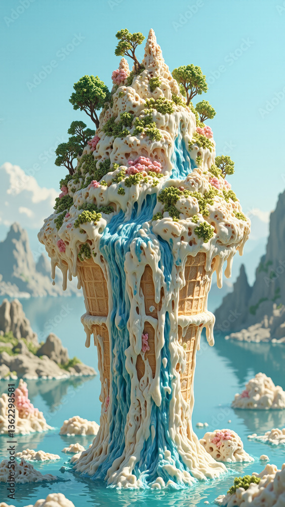 Fototapeta premium A melting ice cream cone with a surreal landscape inside, featuring waterfalls and floating islands, highly detailed food photography, creative, food advertisement template, modern food ad