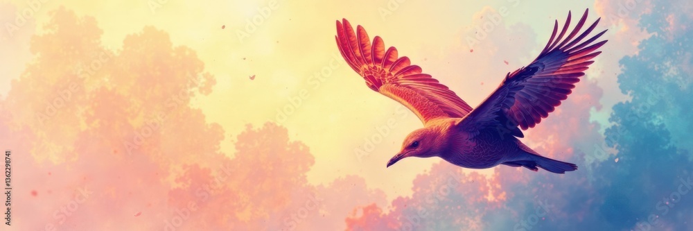 Obraz premium Flying Bird in Flight Silhouette with Watercolor Texture, flight, wildlife
