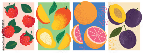 Raspberries, plums, grapefruit, and mango – Colorful Fruit Vector Illustration poster design